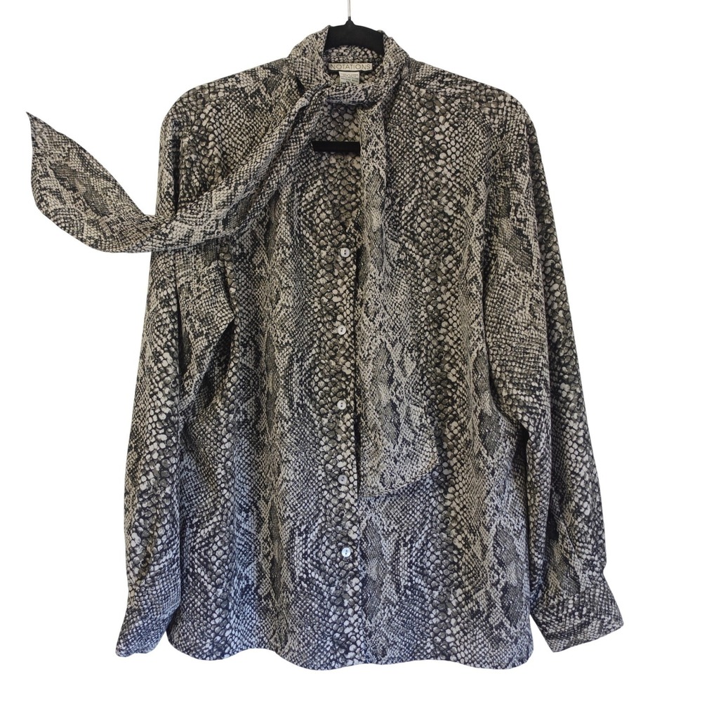 Vintage 90s Snakeskin Print Tie Neck Blouse‎ Gray Python XL Maximalist Top